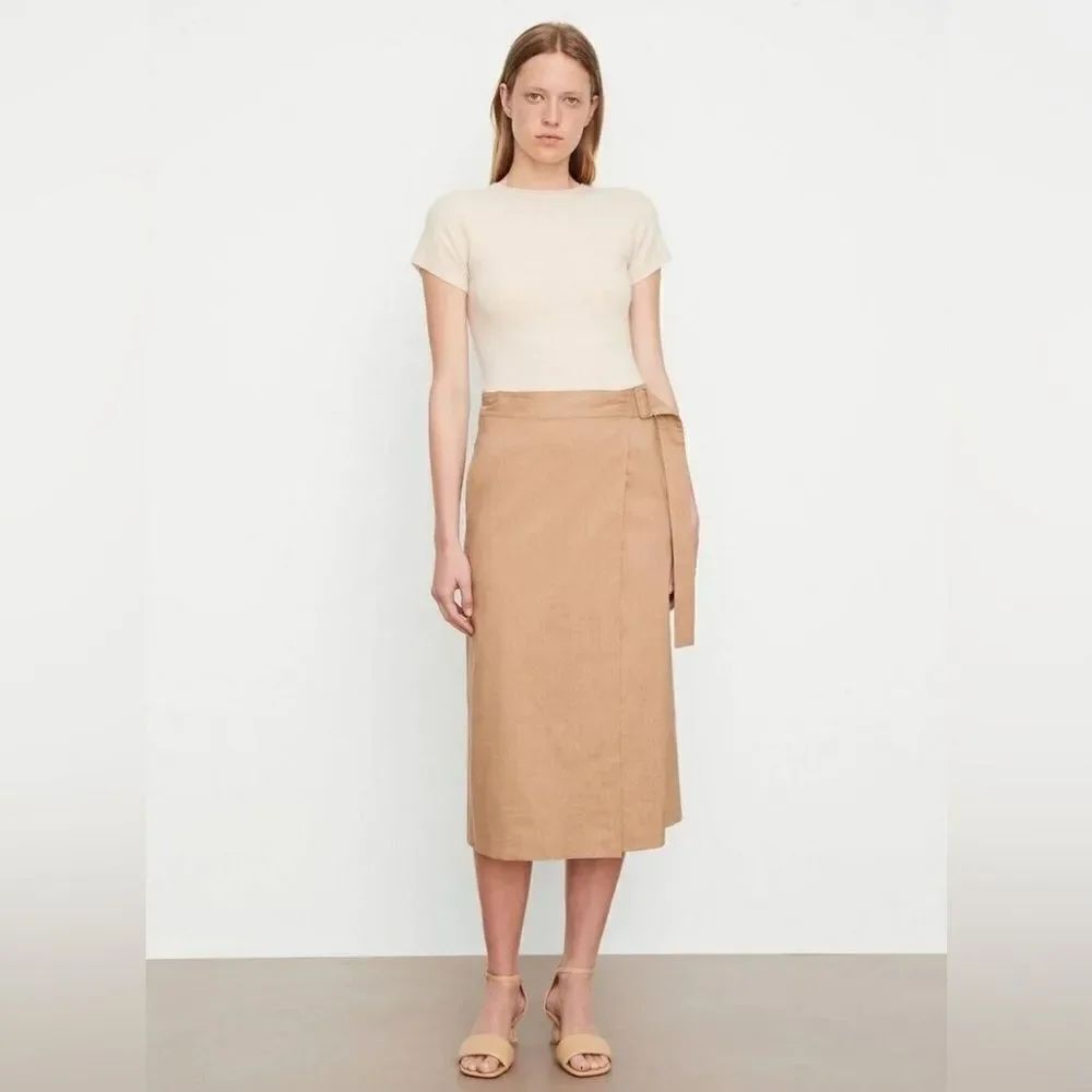 VINCE Buckle Wrap Linen Blend Midi Wrap Skirt Sandshell Size 12